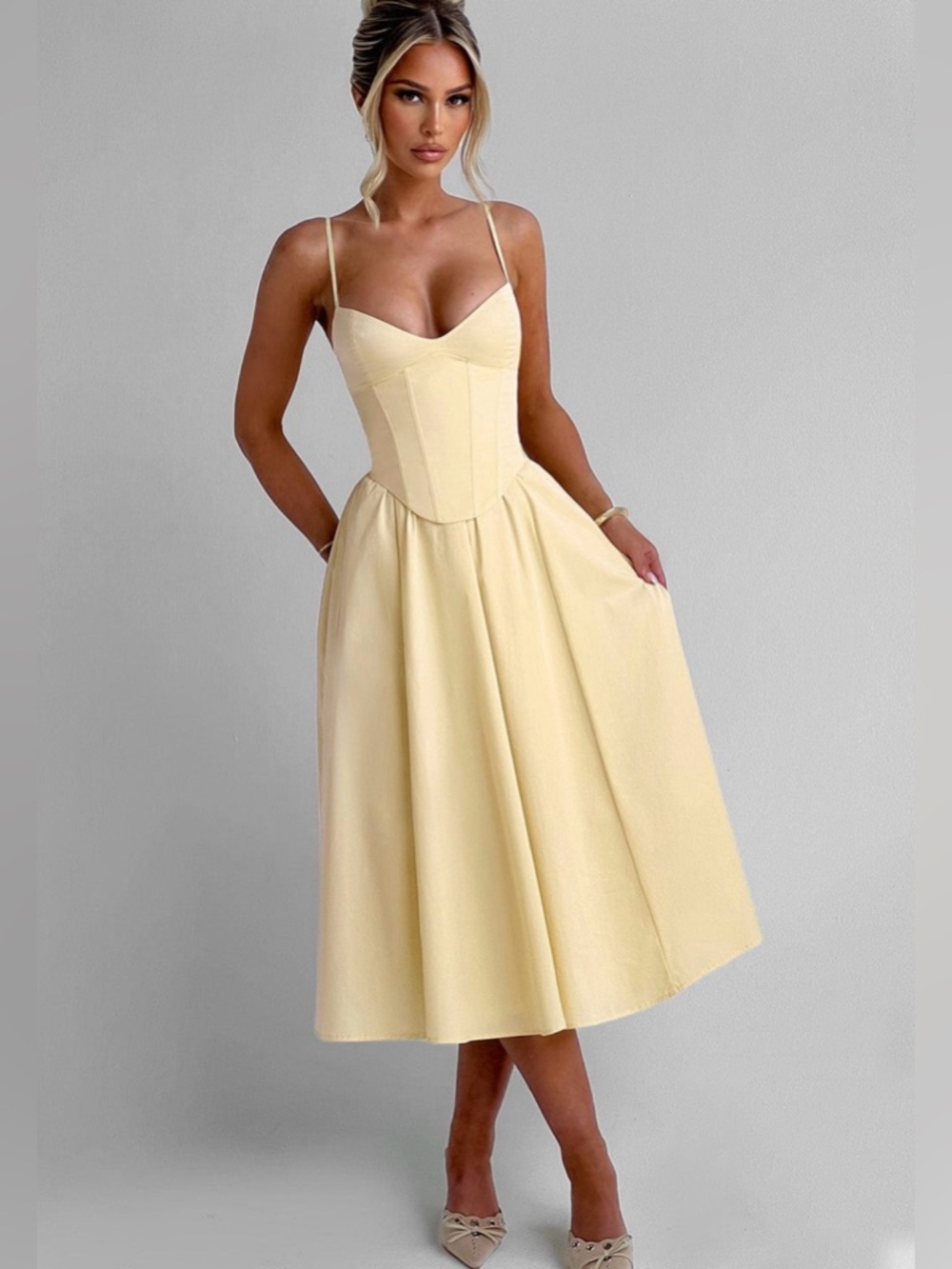 Yellow Midi Corseted Spaghetti-Strap Dress